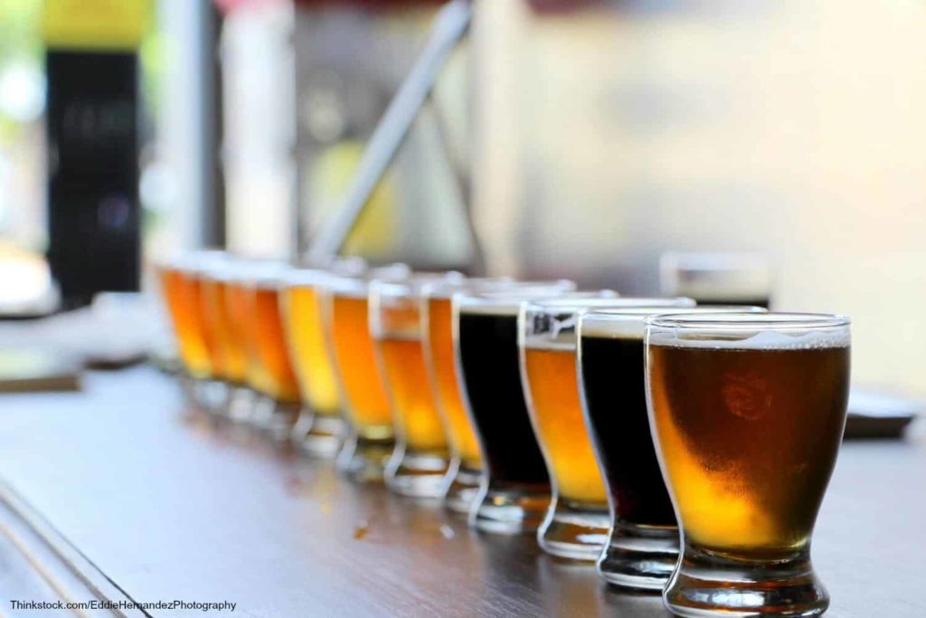 Columbia River Breweries; a line of beers at top Hood River breweries like Pfriem Family Brewers