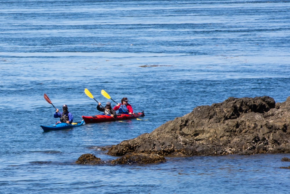 three people kayaking near a rocky outcrop in front of Lime Kiln Lighthouse