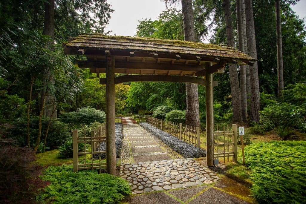 Torii gate and path in the Japanese Garden at Bloedel Reserve.