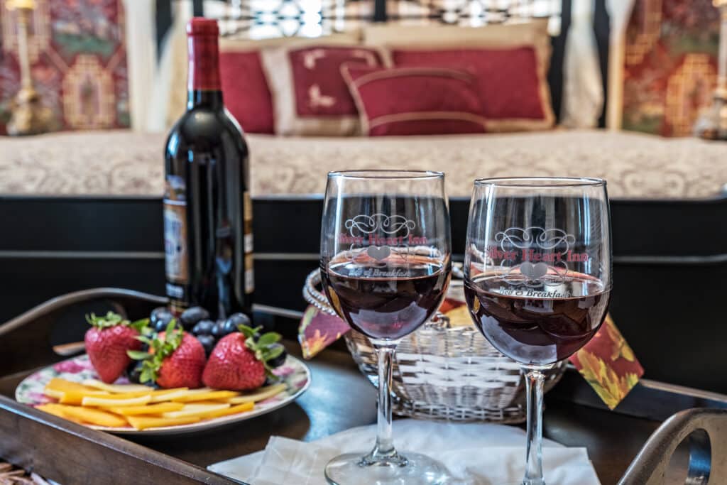 Fruit and Cheese plate, a bottle of wine, and two glasses are part of romantic getaway packages. Let us help make your secluded romantic getaway in Missouri memorable.