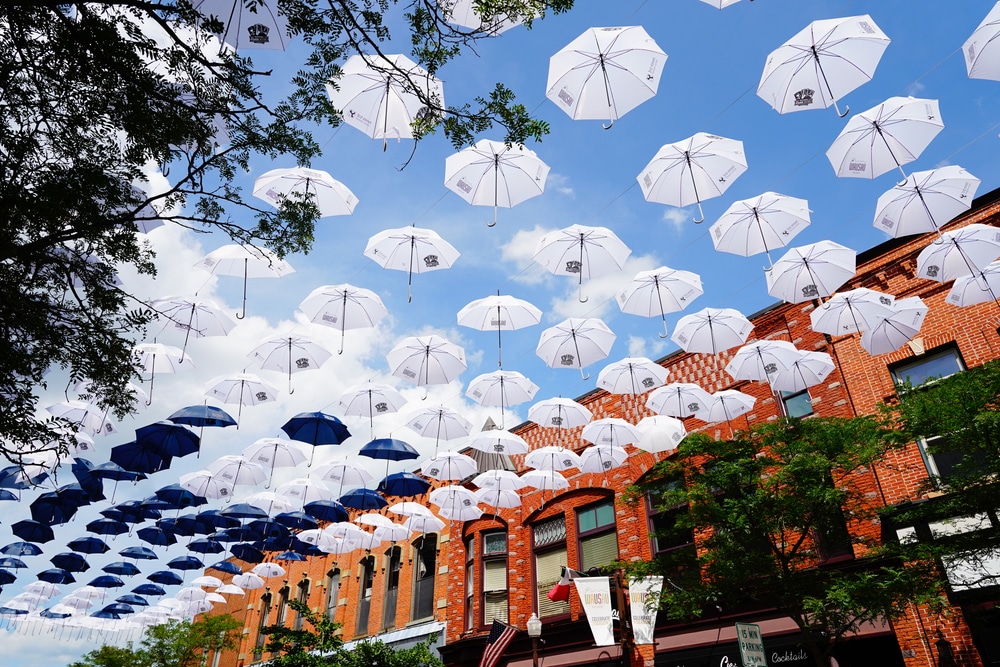 Umbrellas in downtown Wausau, a charming Wisconsin getaway