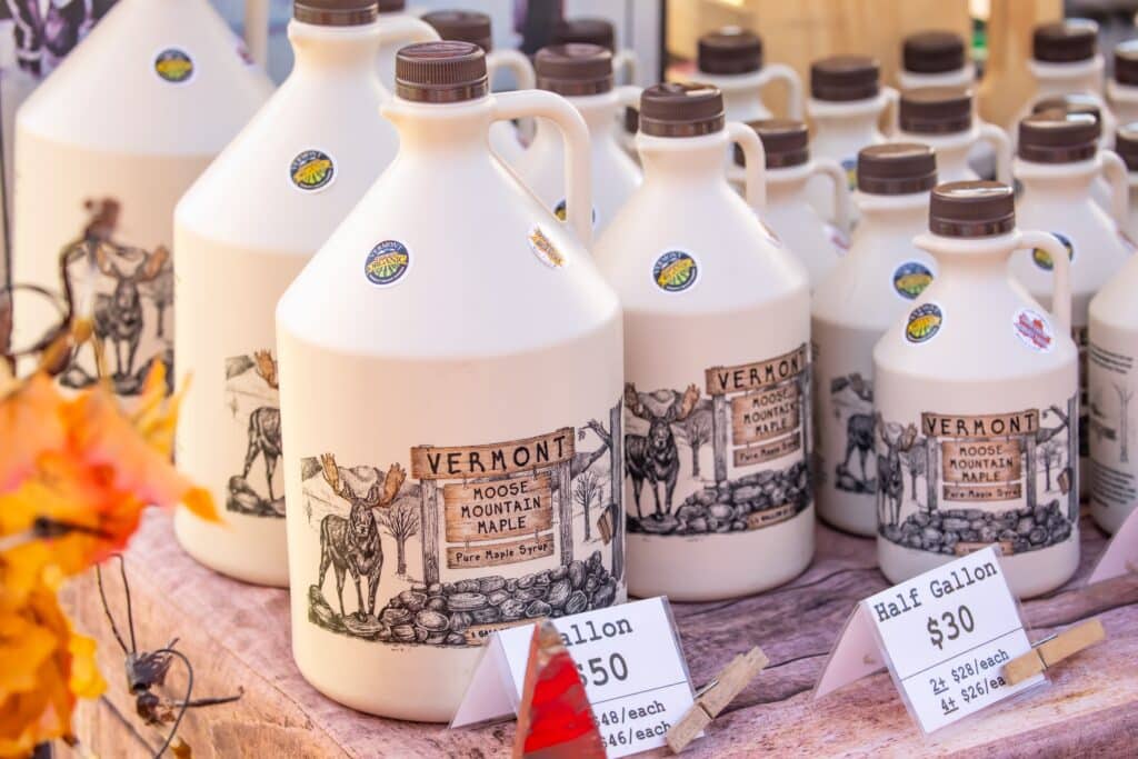 Display of Vermont maple syrup, one of the things you can purchase at Retreat Farm in Brattleboro, VT.