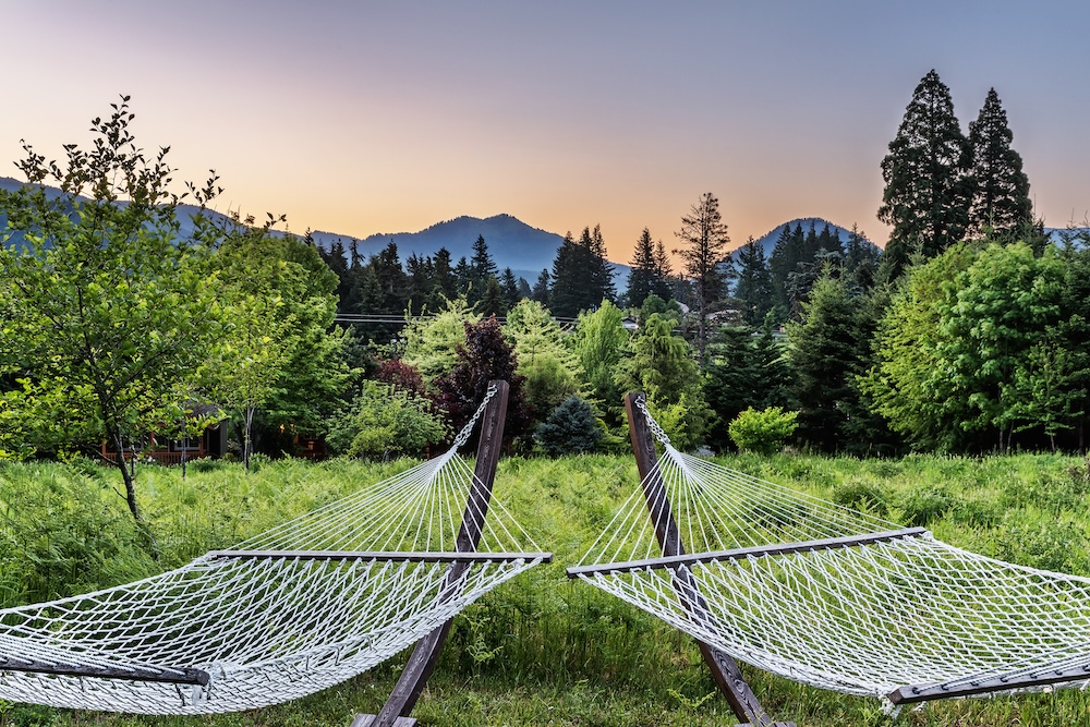 Relax in the hammocks at our cabins in Washington near Hood River