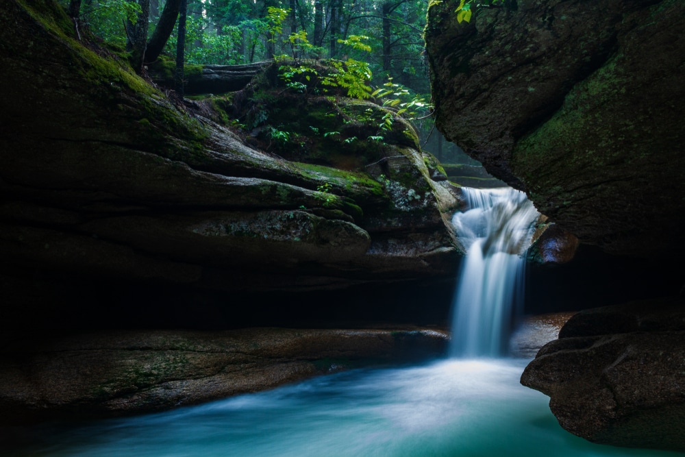 The gorgeous Sabbaday Falls, one of the best White Mountains waterfalls in New Hampshire