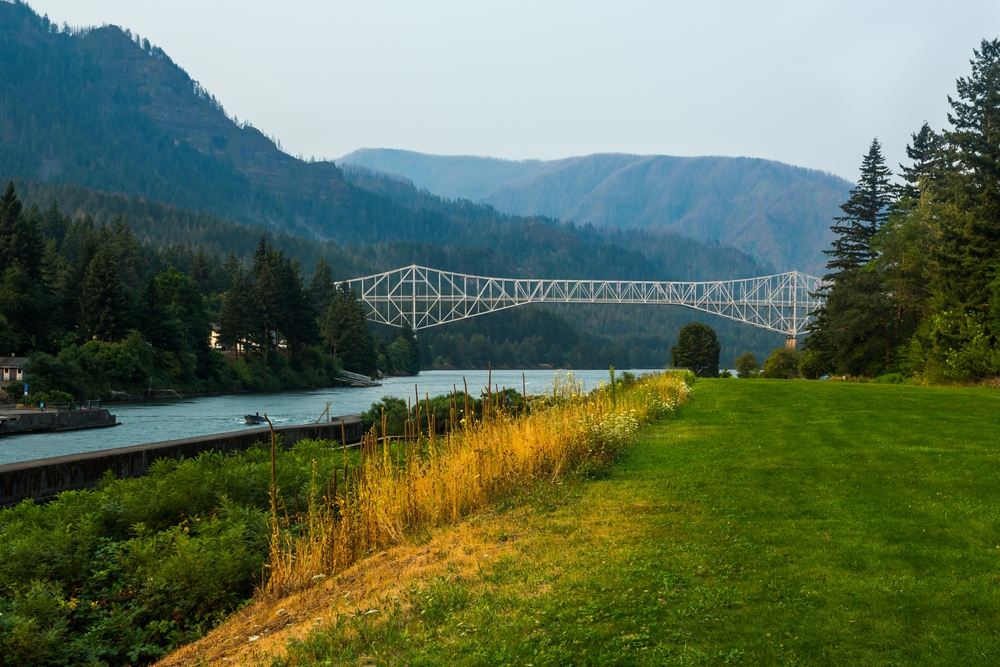 The Bridge of the Gods over Thunder Island and the Columbia River
