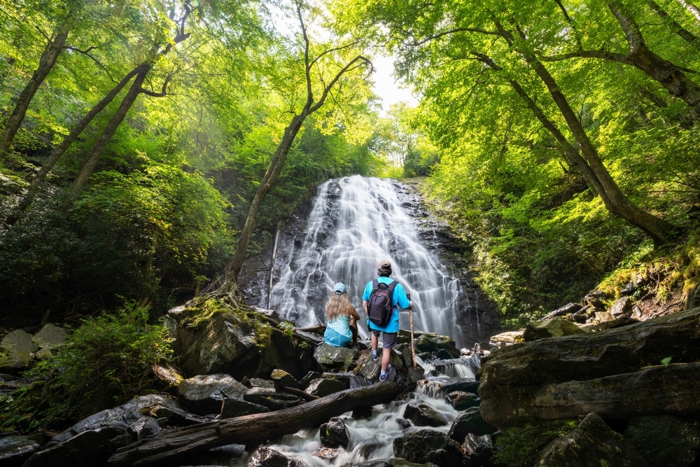People hiking to Blue Ridge Parkway waterfalls like Fallingwater Cascades near Lexington, VA