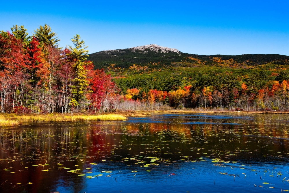 Mount Monadnock,, lake and fall color in Vermont. One of the best hiking trails in Brattleboro.