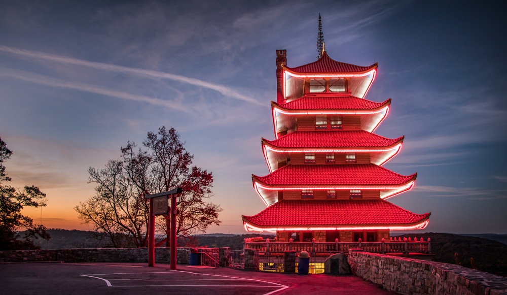 The Reading Pagoda lit up before dawn breaks.