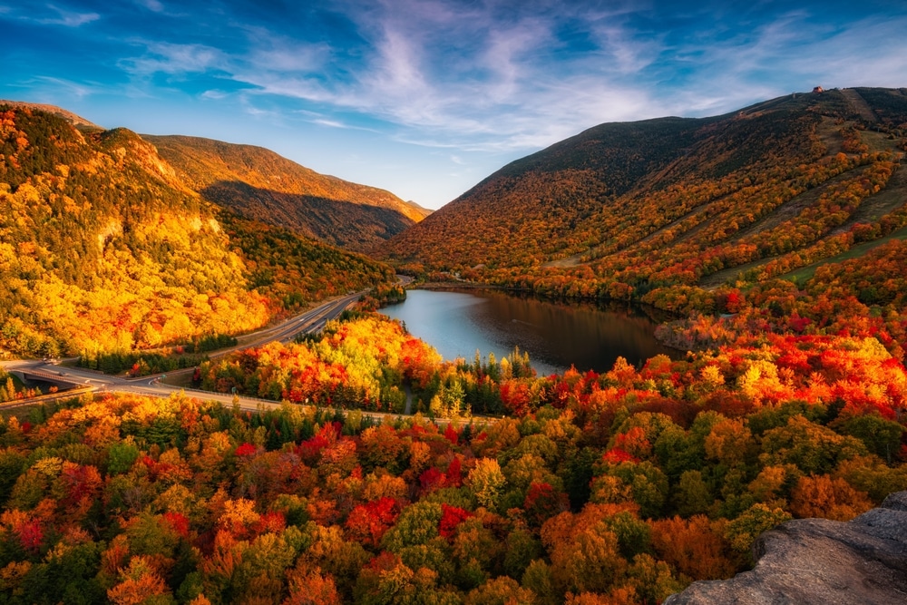 Fall foliage in New Hampshire at Artist Bluff Trail. Overlooking trees in the fall surrounding a lake.