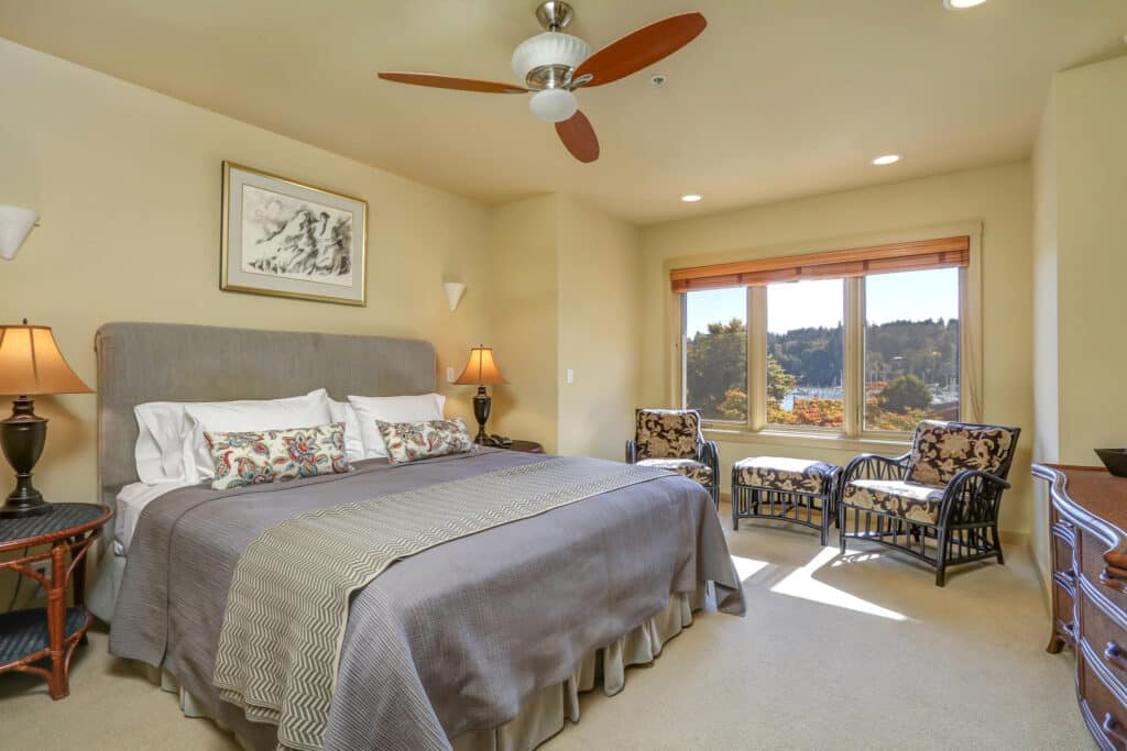 A room with a view of Eagle Harbor at one of the best hotels on Bainbridge Island.