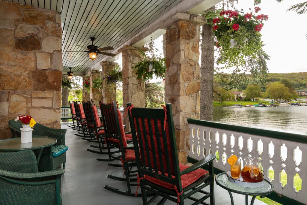 Sit and relax in a rocking chair overlooking Deep Creek Lake on your romantic getaway to Lake Pointe Inn.