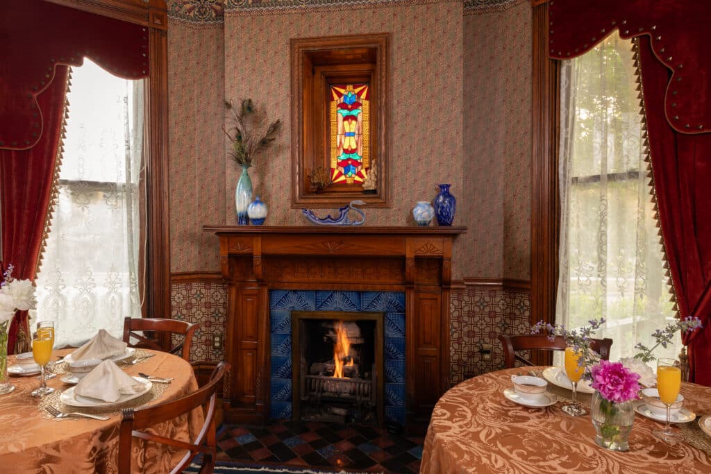 The dining room set for breakfast service at our Bed and Breakfast in Michigan.