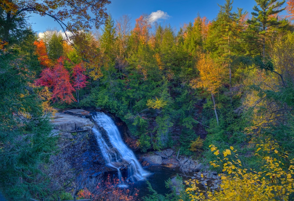 Muddy Creek Falls at Swallow Falls State Park with brilliant fall foliage. A great thing to do on your weekend getaways near Pittsburgh.