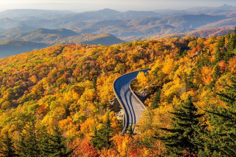 Enjoy a scenic drive on among the Blue Ridge Mountains during one of the best weekend getaways in the South. Image of highway surrounded by trees with fall foliage colors.