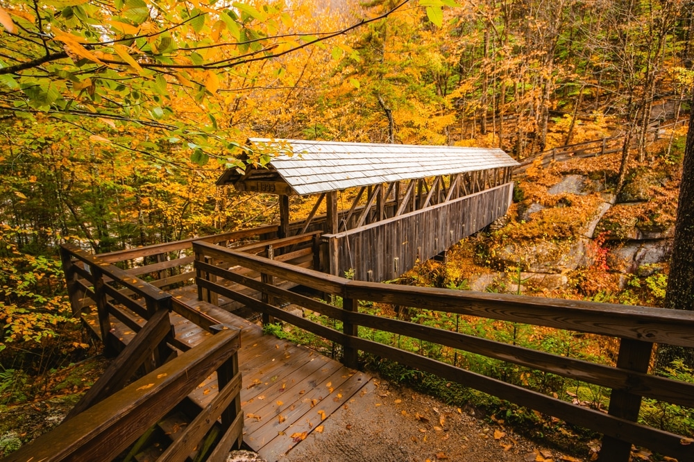 After you ride the Mt. Washington Cog Railway, hike through Franconia State Park, flume gorge. Covered walkway with fall foliage.