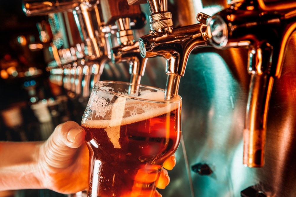 Bartender pours beer from tap at Bent Paddle Brewing in Duluth MN.