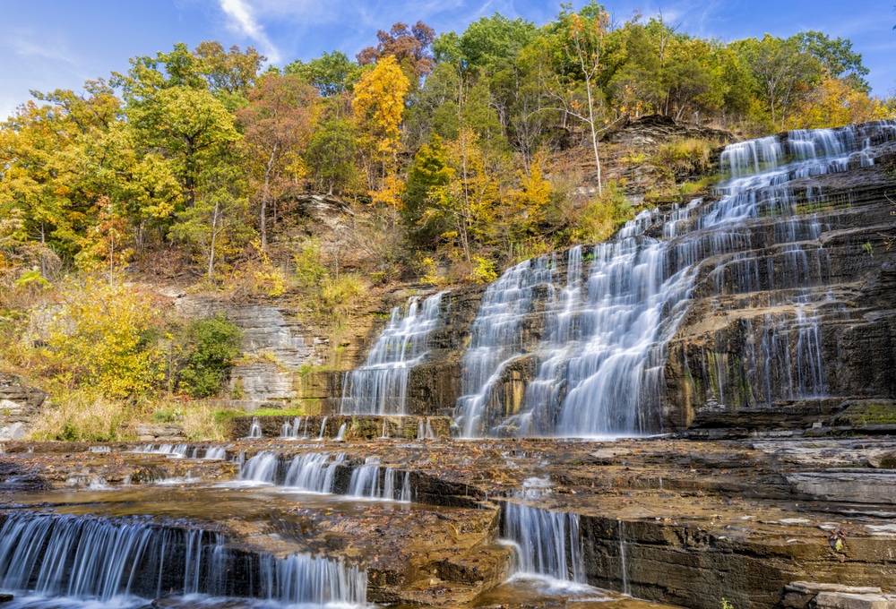 Sunny fall day at Hector Falls near Watkins Glen Gorge Trail.