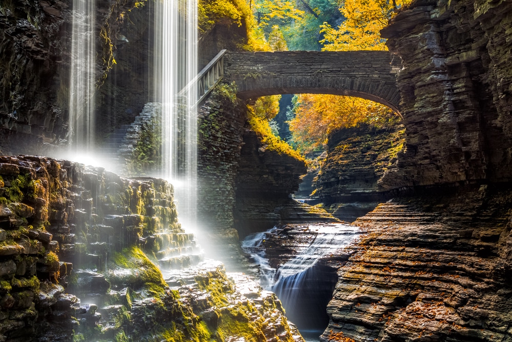 Watkins Glen, waterfall, and bridge on the Watkins Glen Gorge Trail.