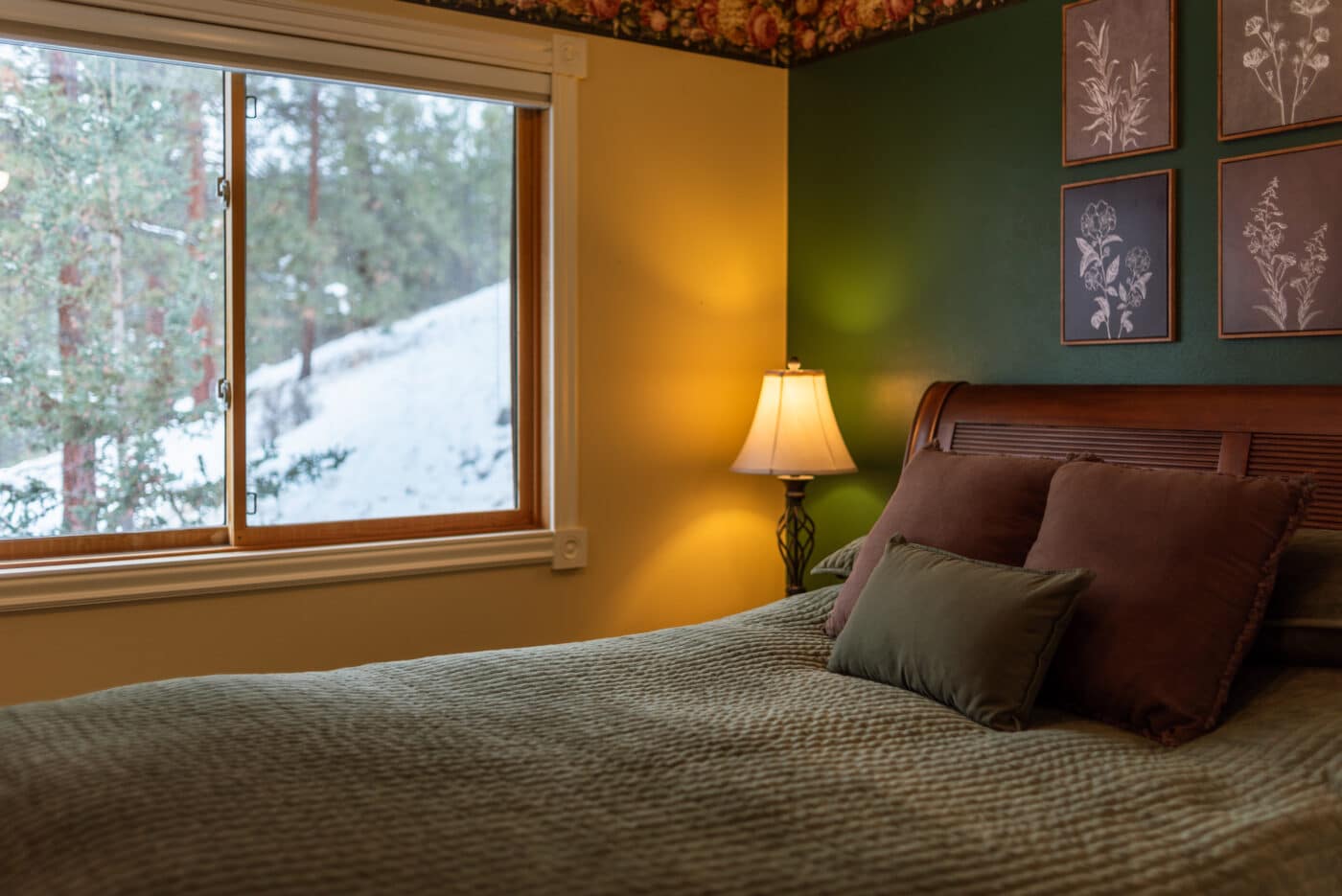 Room at our Montana Bed and Breakfast overlooking the snowy woods
