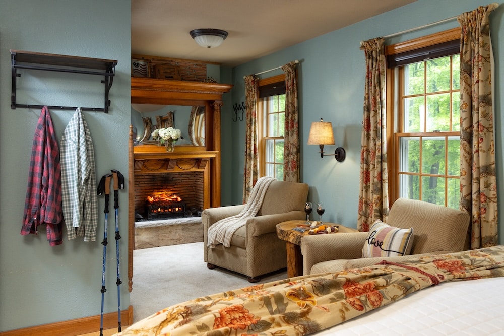 Romantic guest room with fireplace at our Bed and Breakfast in Wisconsin