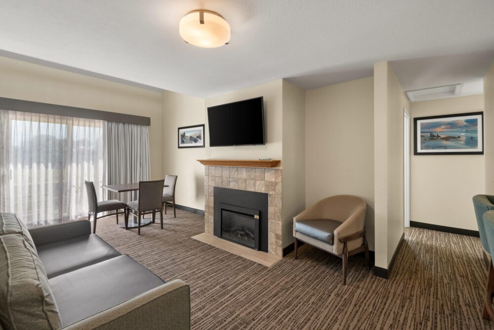 House Rental at our Accommodations in Bandon feature a living area with gas fireplace.