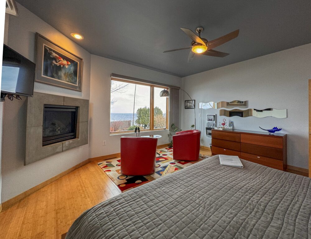 The Aerial Bridge Suite at Our Duluth Bed and Breakfast is the perfect place to watch the Lake Superior waves on a snowy day.