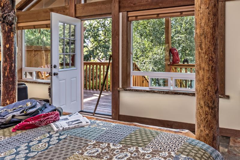 Looking out the front door of the St Helens Cabin at Carson Ridge Luxury Cabins in Washington State.