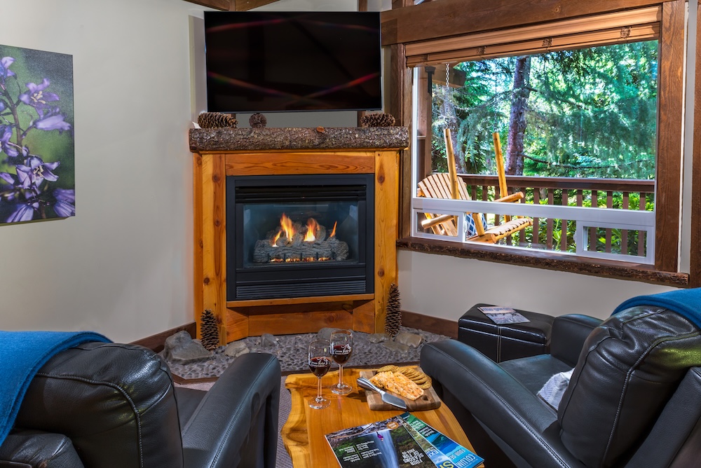 Cozy fireplace setting in one of our luxury and romantic cabin getaways in Washington