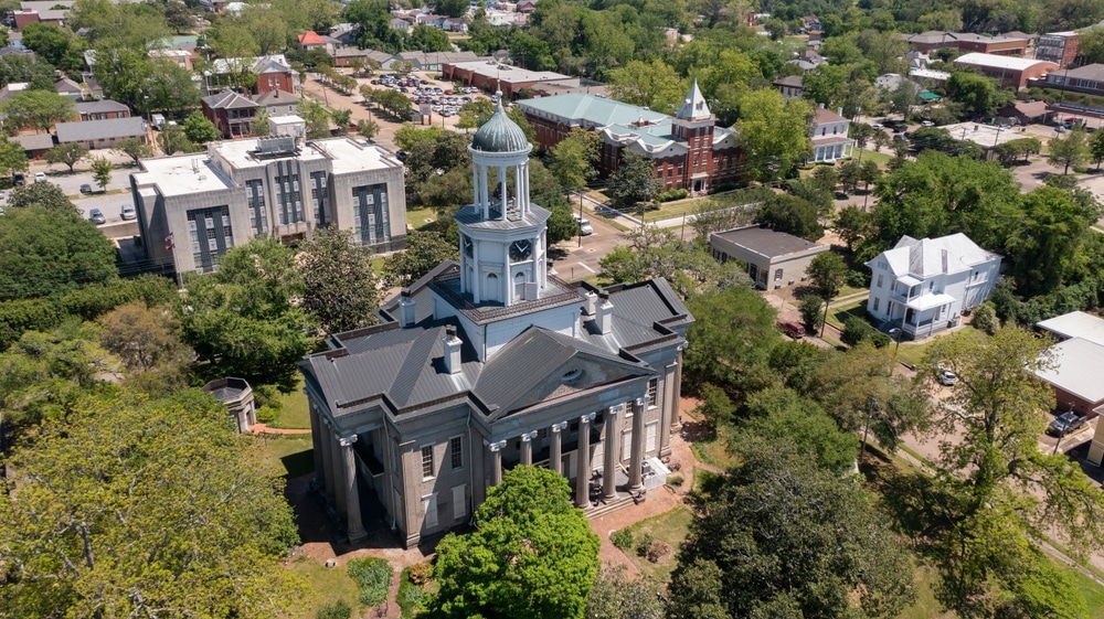 Aerial photo of downtown Vicksburg and the Old Courthouse