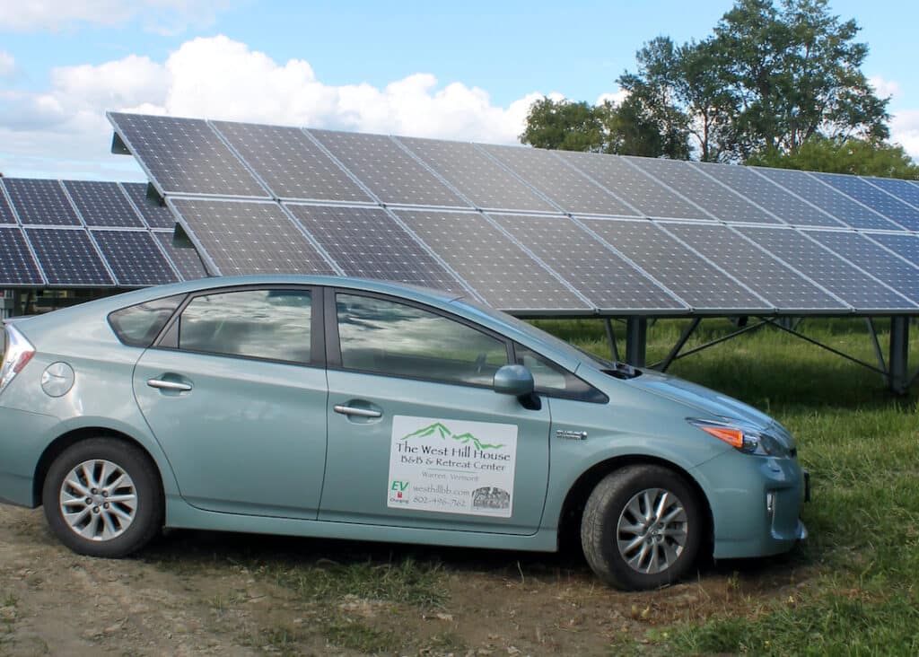Bed and Breakfast in Vermont, photo of an electric vehicle and solar panels 