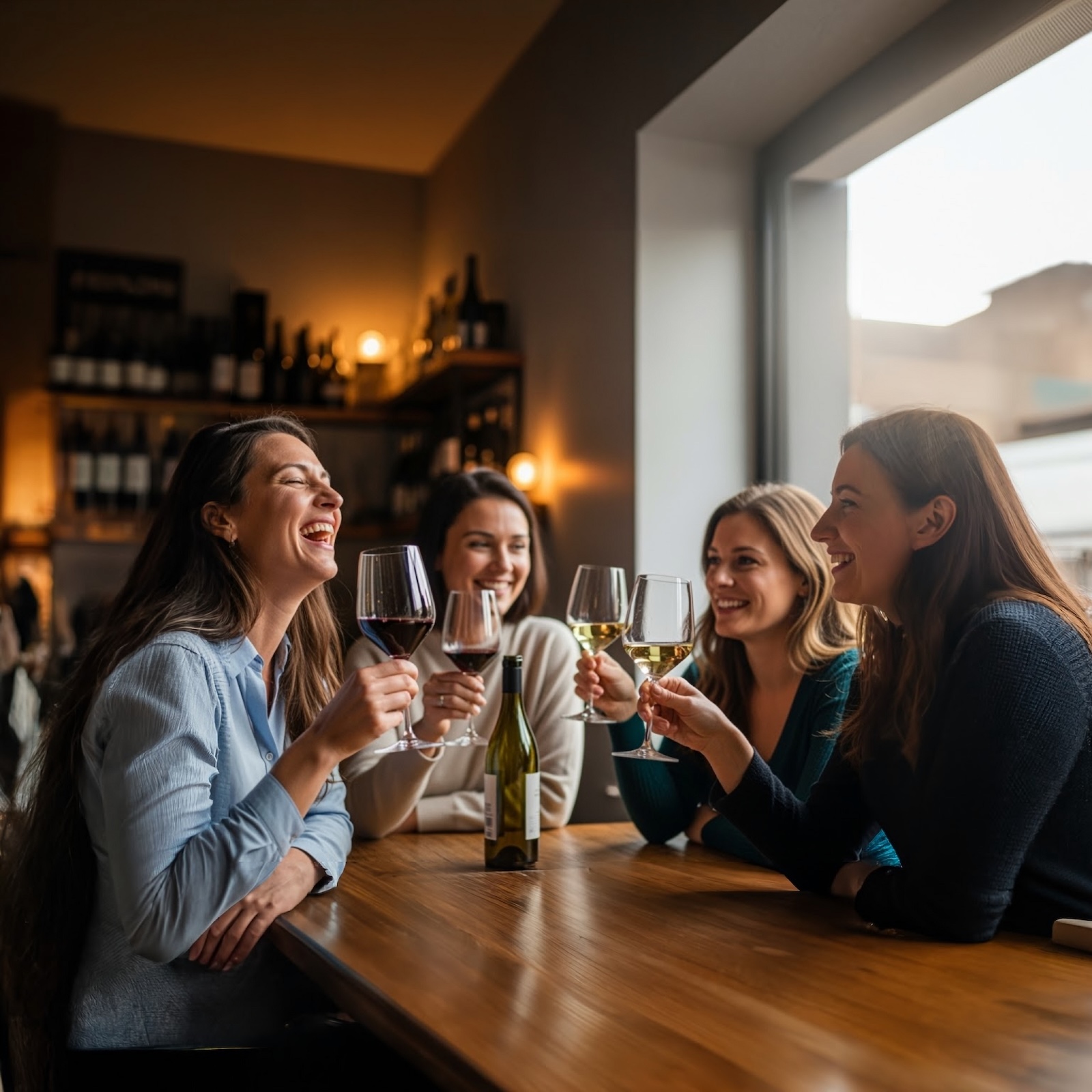 Group of women enjoying wine in the Columbia River Gorge during their girls weekend getaway