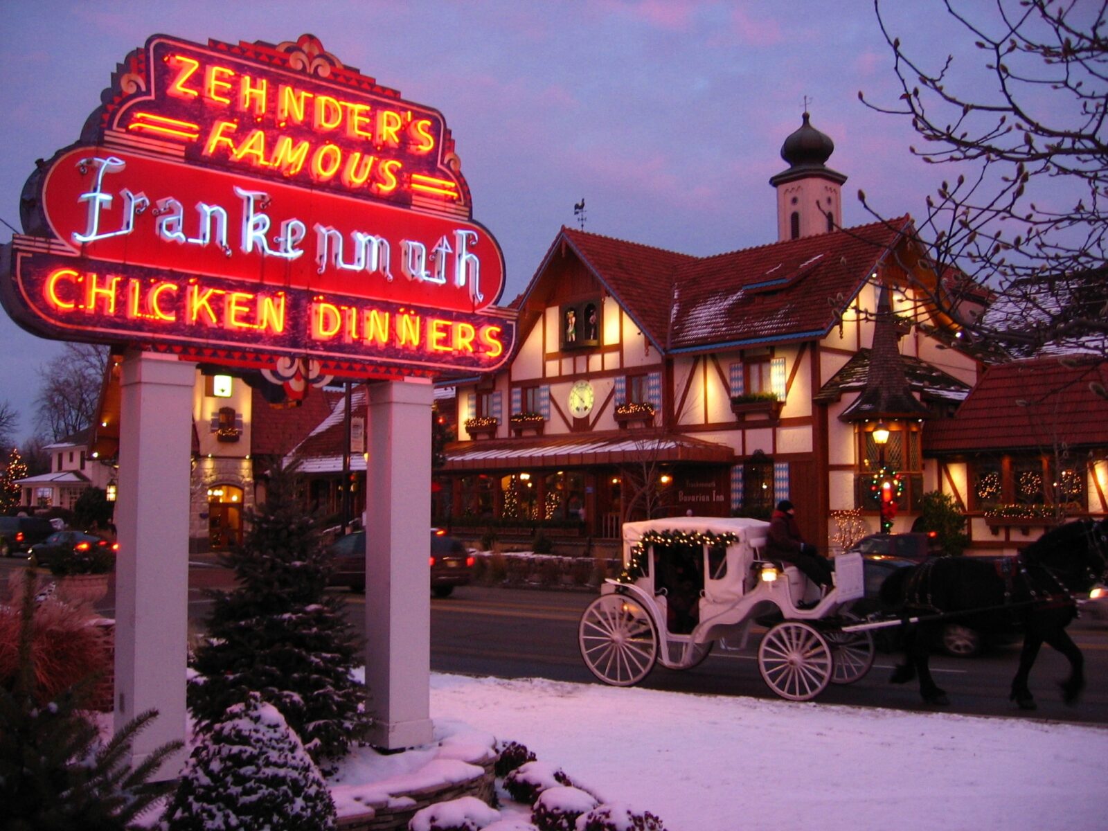 Zehnder's Sign and Frankenmuth Carriage Rides in winter.
