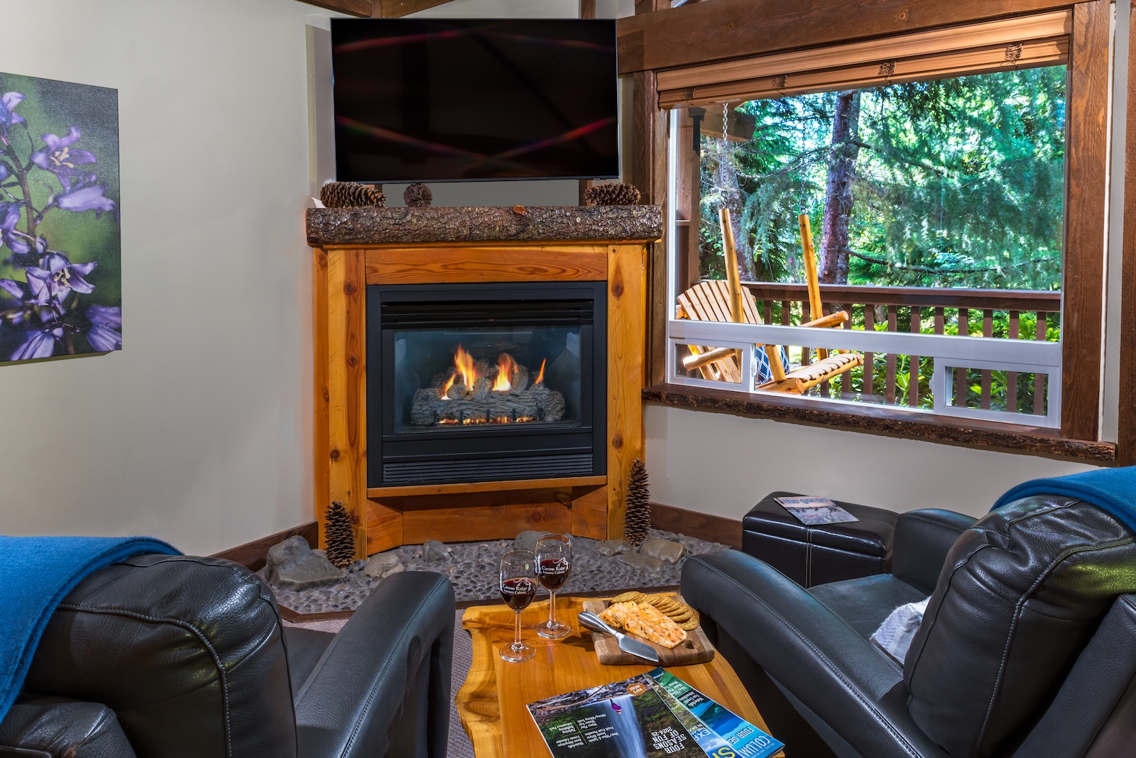 There are few things more relaxing than sitting in front of the fire with a glass of wine during Columbia Gorge getaways in our cabins