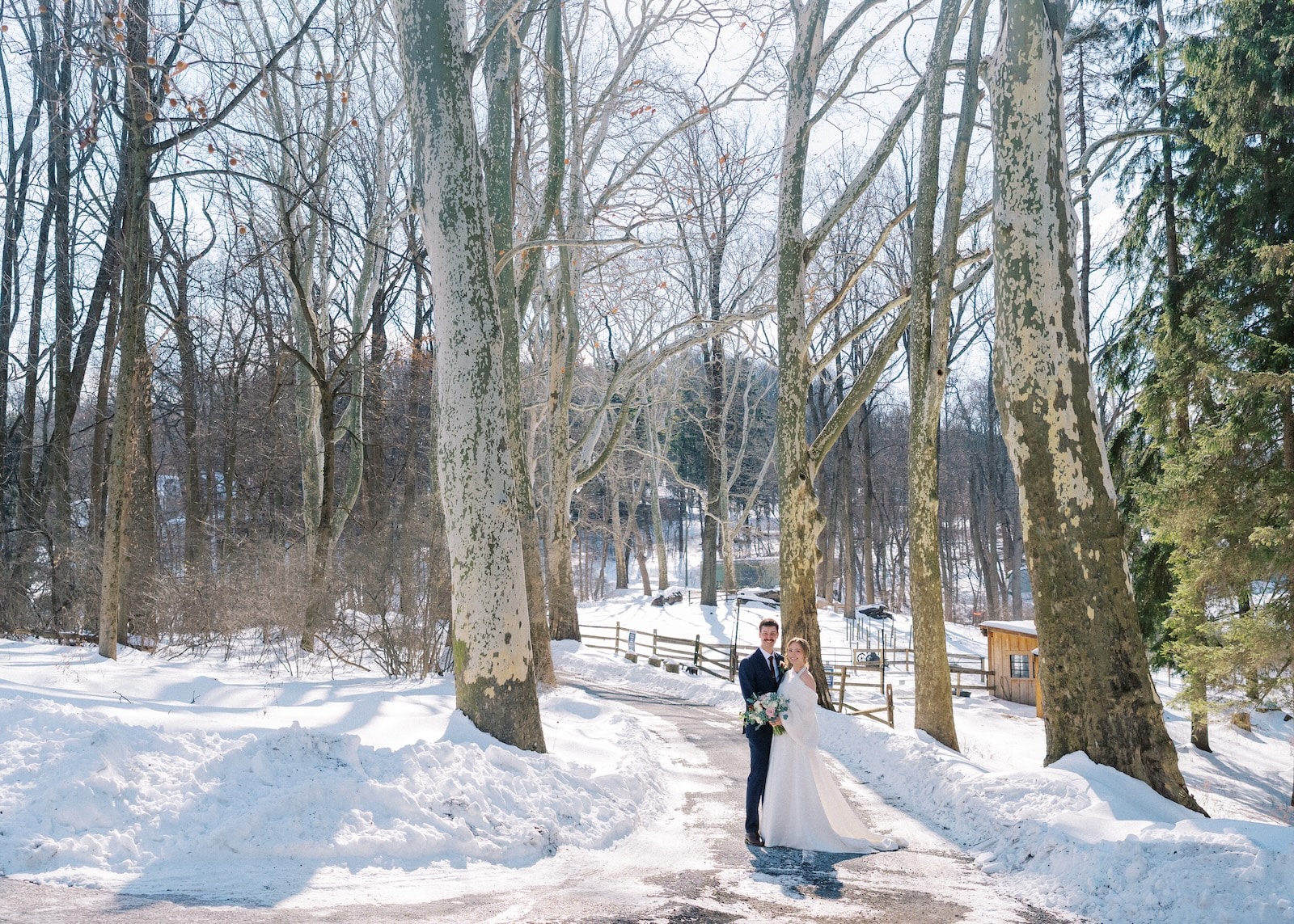 One of the Most Romantic Wedding Venues in Reading PA, photo of a happy bride and groom in the snow for their winter wedding 