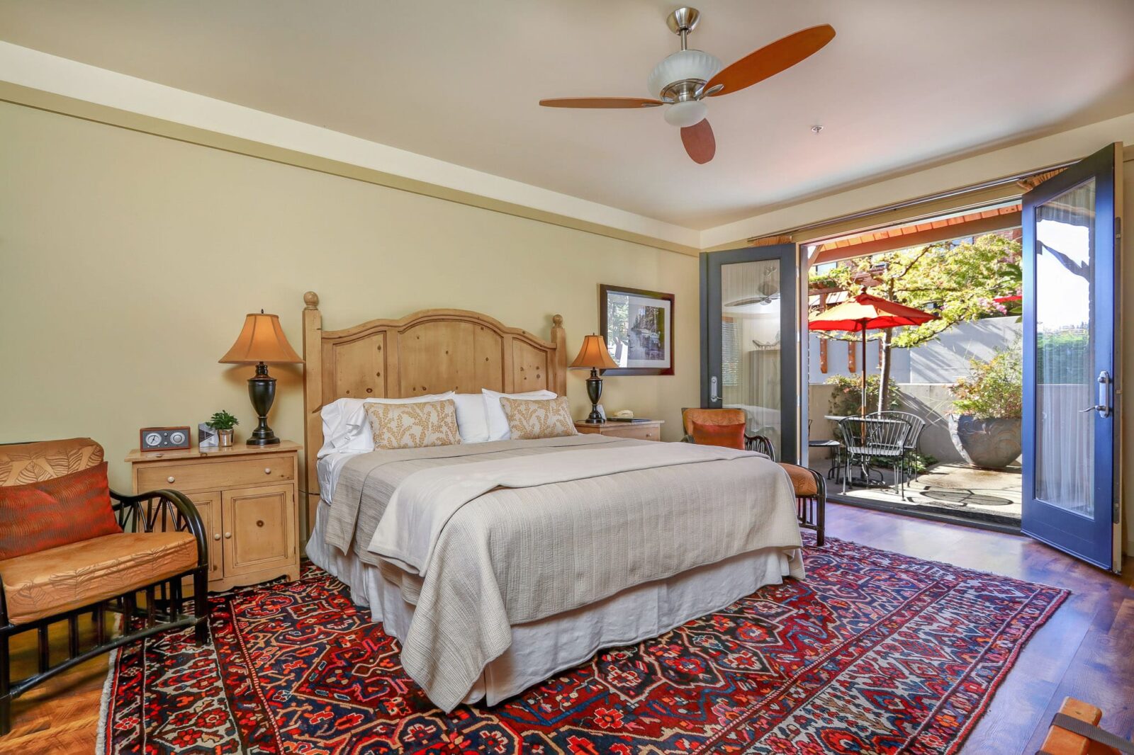 The Port Blakely Room with private balcony at our downtown Bainbridge Island hotel.