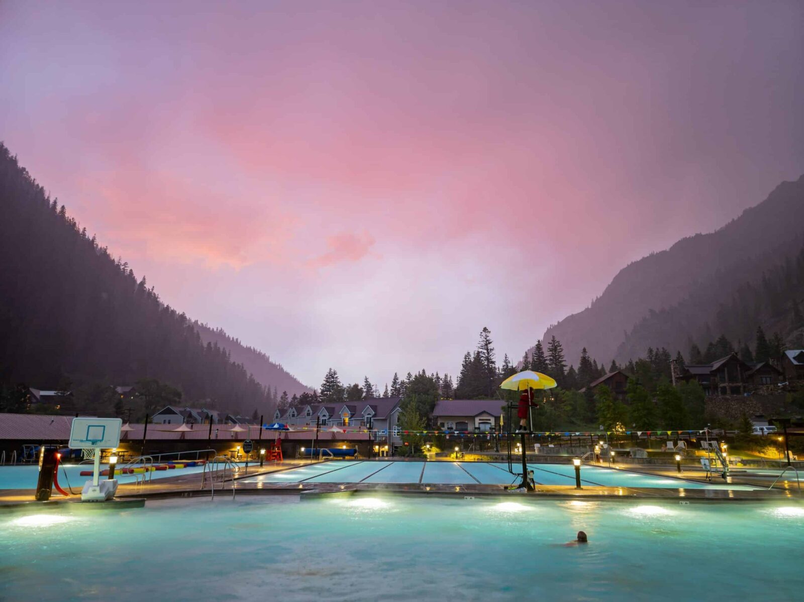 Sunset view of Ouray Hot Springs. The geothermal pools are the best things about many Colorado Mountain towns.