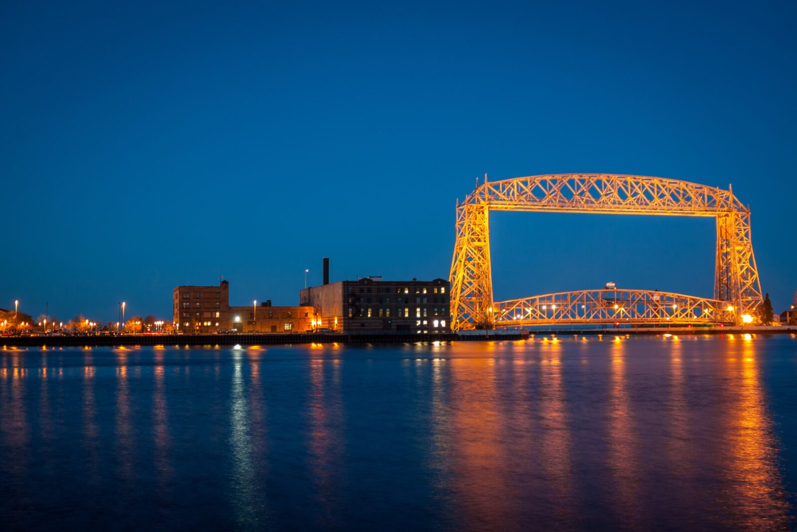 Aerial Lift Bridge Duluth, lowered bridge at night.