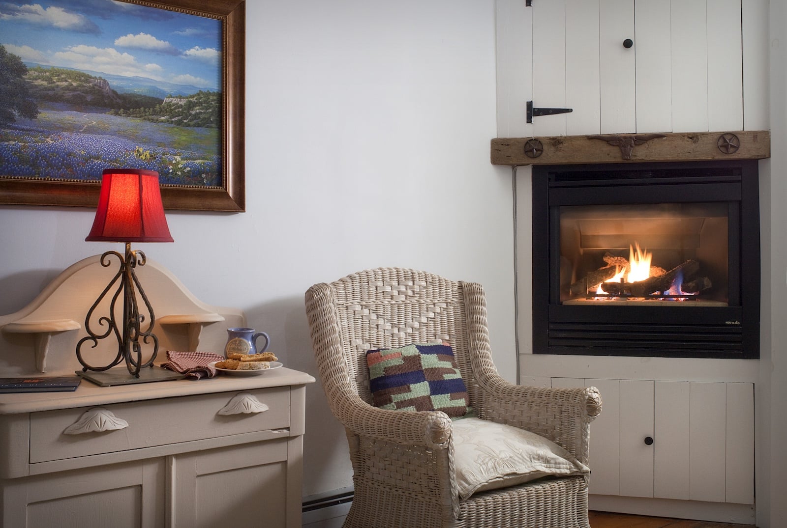 Photo of our cozy guest room with a fireplace, a lovely place to stay after exploring the best waterfalls in Vermont