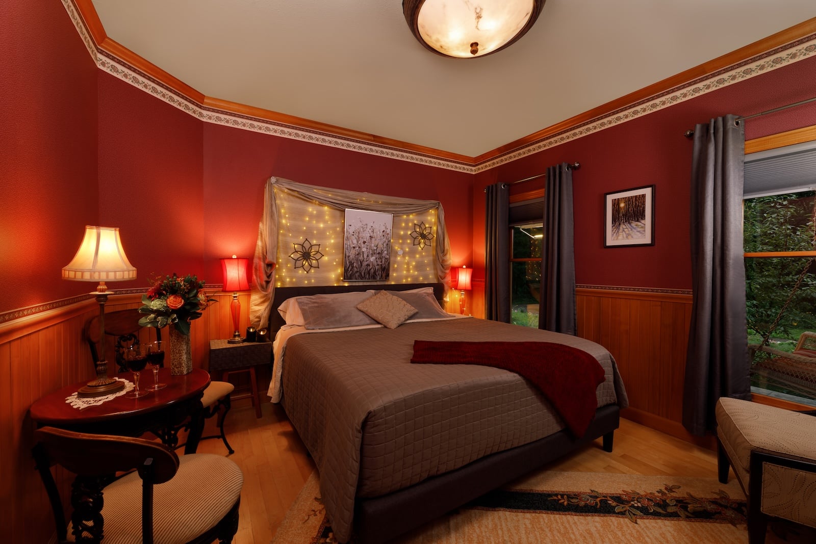 Stay at the most romantic Wisconsin Bed and Breakfast and enjoy a spacious guest suite with elegant finishes, a cozy sitting area, and forest views. 