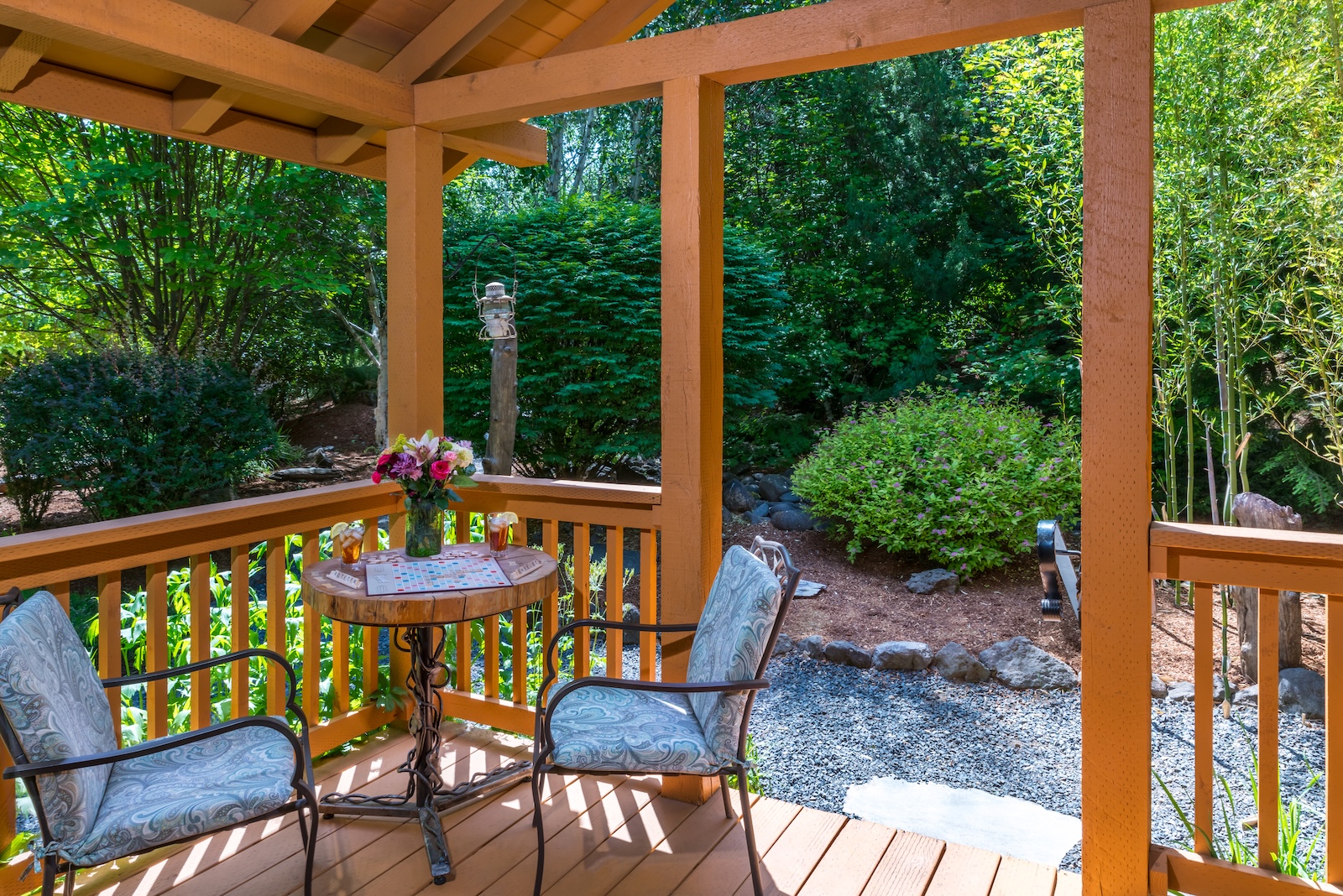 The porch of one of our Hood River cabins