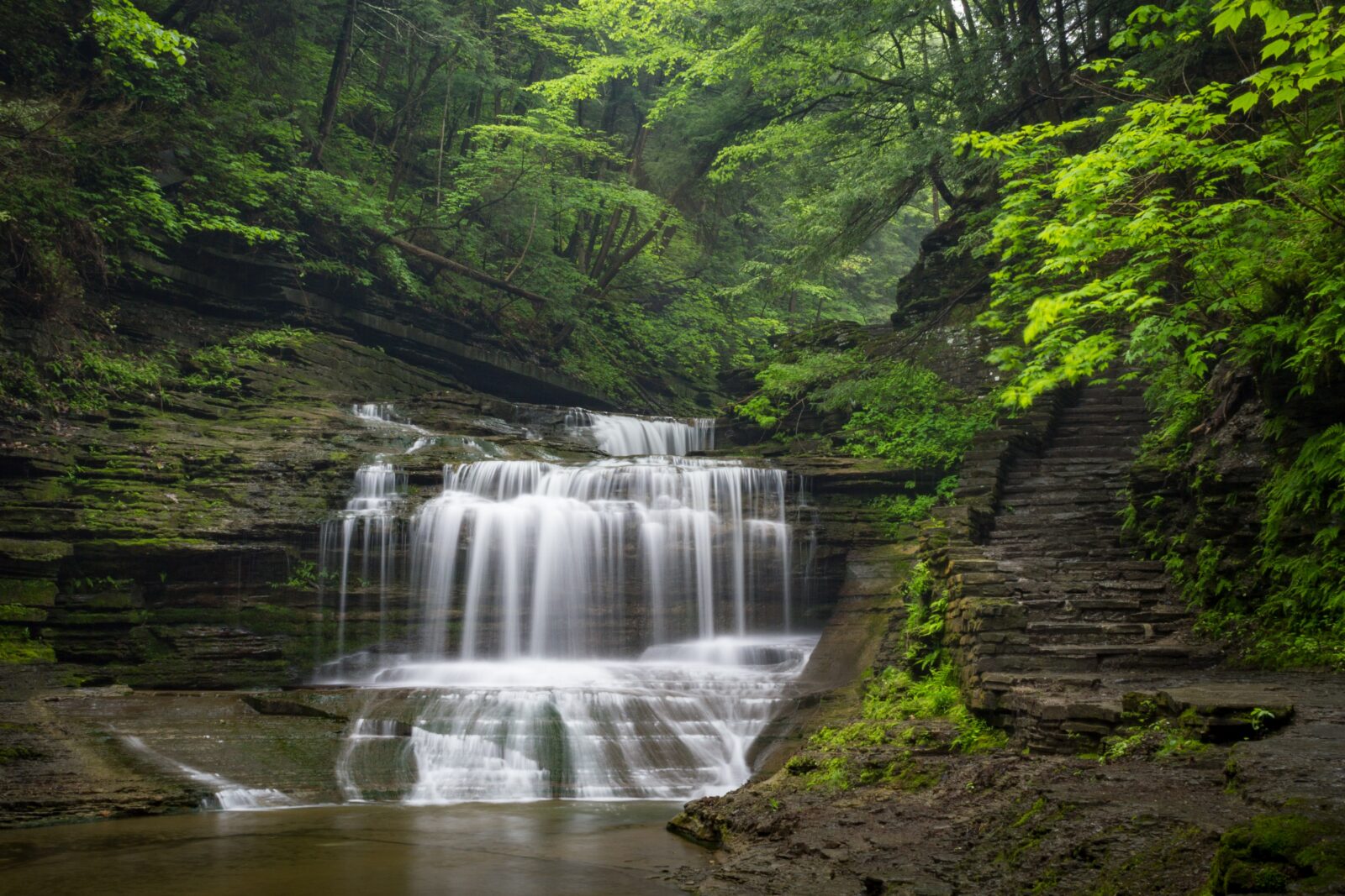 Waterfall cascade through greenery in Buttermilk Falls State Park.