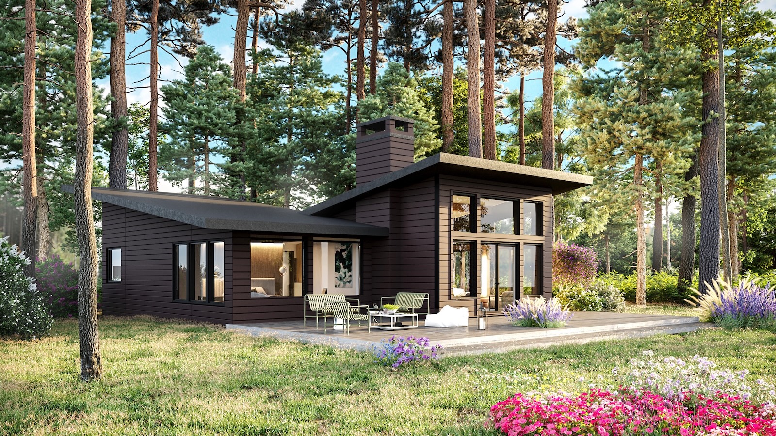Stay at one of the most romantic Cabins in Wisconsin located on 10 acres of secluded forest. This view of the cabin in sunshine, shows the floor to ceiling windows, and patio furniture. 