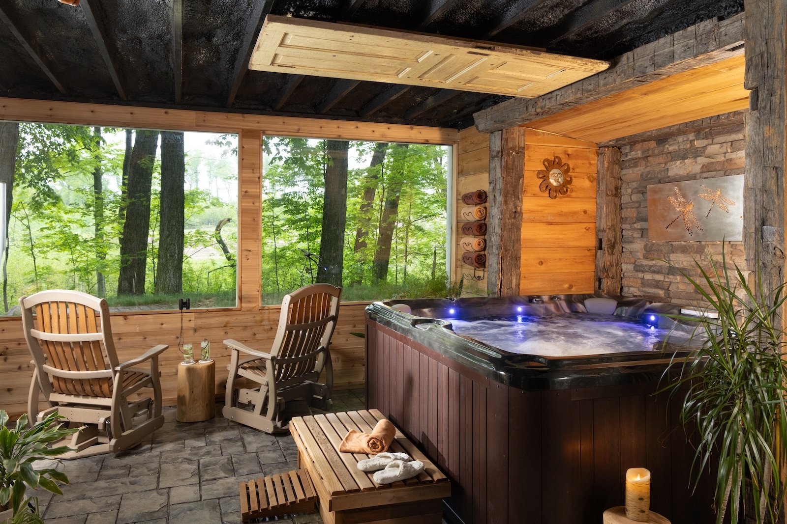 The spa experience at our Bed and Breakfast Near Cedarburg offers a hot tub soak among other treatments. This hot tub overlooks our private forest. 