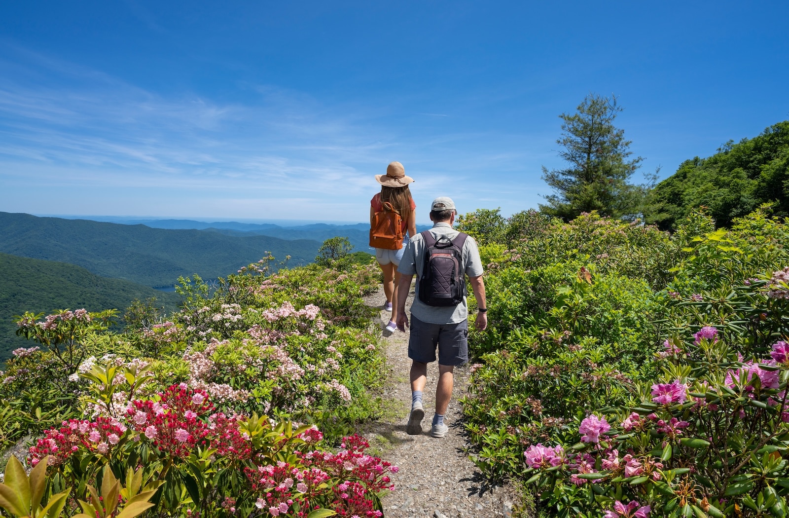 Hiking among the rhododendrons is one of the best things to do in Saluda. This couple enjoys the outdoors on their hike. 