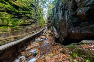 Wooden walkway and steps along the Flume in Franconia Notch State Park
