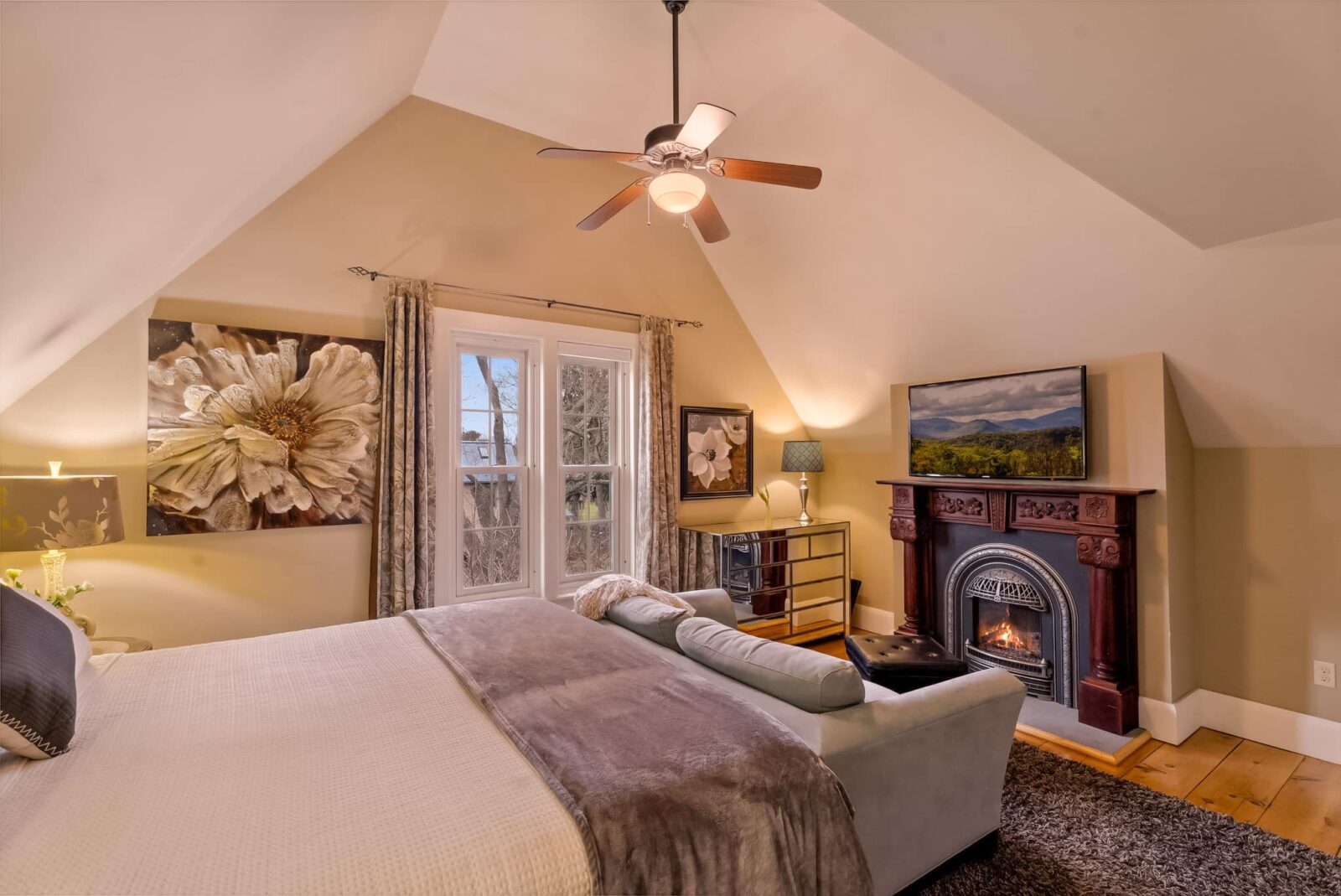 The Chardonnay Suite at our Finger Lakes Hotel features a beautiful fireplace and seating area in one of the gabled rooms.