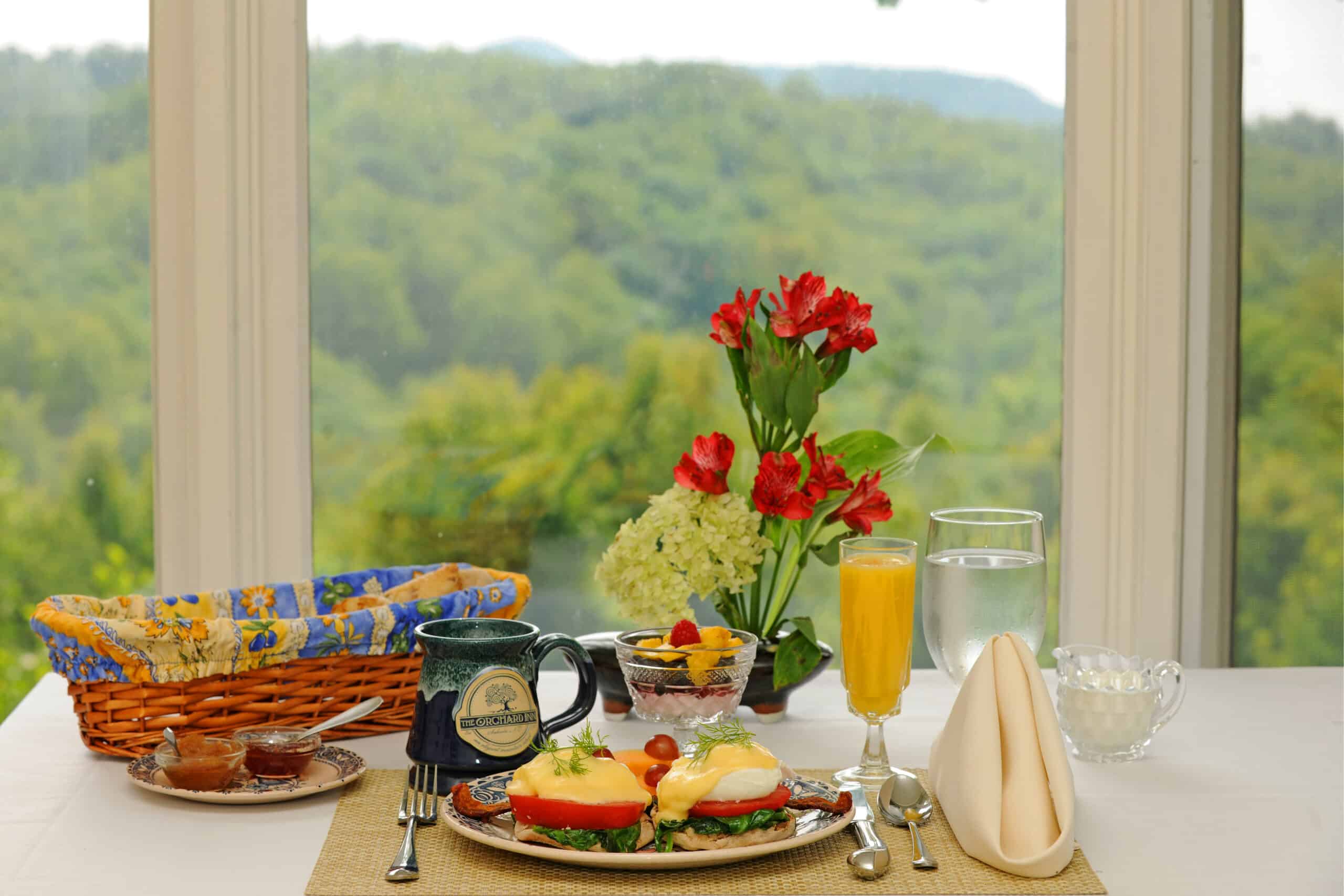 A romantic getaway in NC should always begin a breakfast for two, featuring Eggs Benedict, coffee, juice, and a mountain view. 