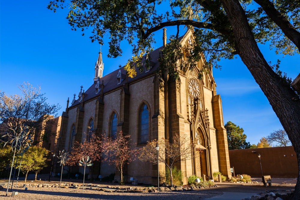 The exterior of the famous Loretto Chapel, one of the most beautiful churches in Santa Fe, NM