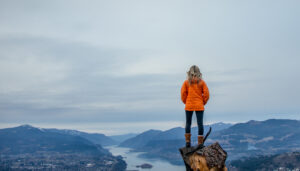Women looking out at the view of the Columbia River Gorge near Hood River.