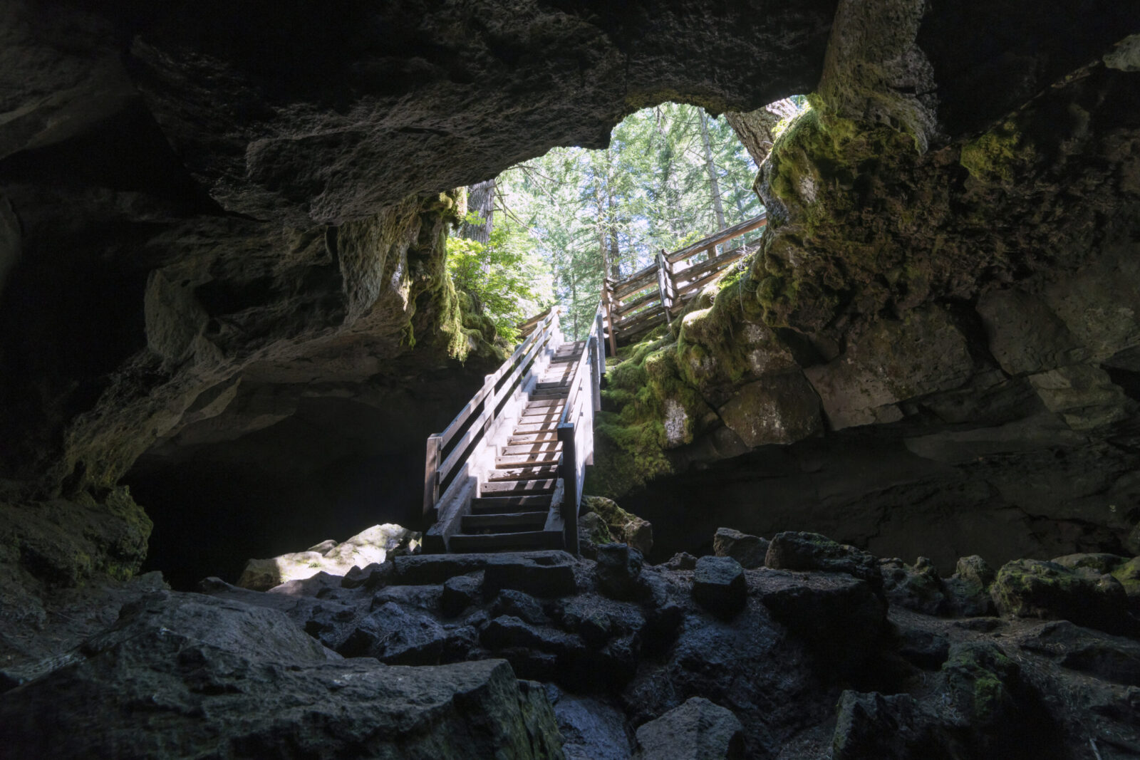 Staircase into the Guler Ice Caves in the Gifford Pinchot National Forest.